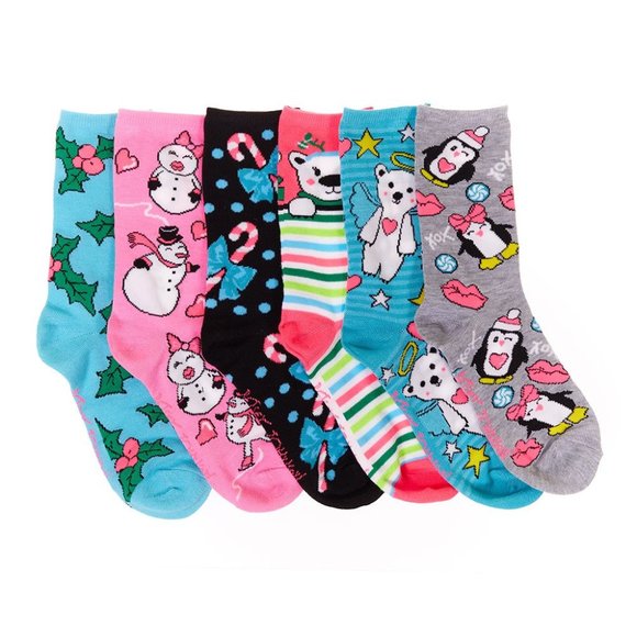 NWT Betsey Johnson® | Pink & Blue 'Xo' Polar Bear Penguin Six-Pair Socks Set - Picture 2 of 4